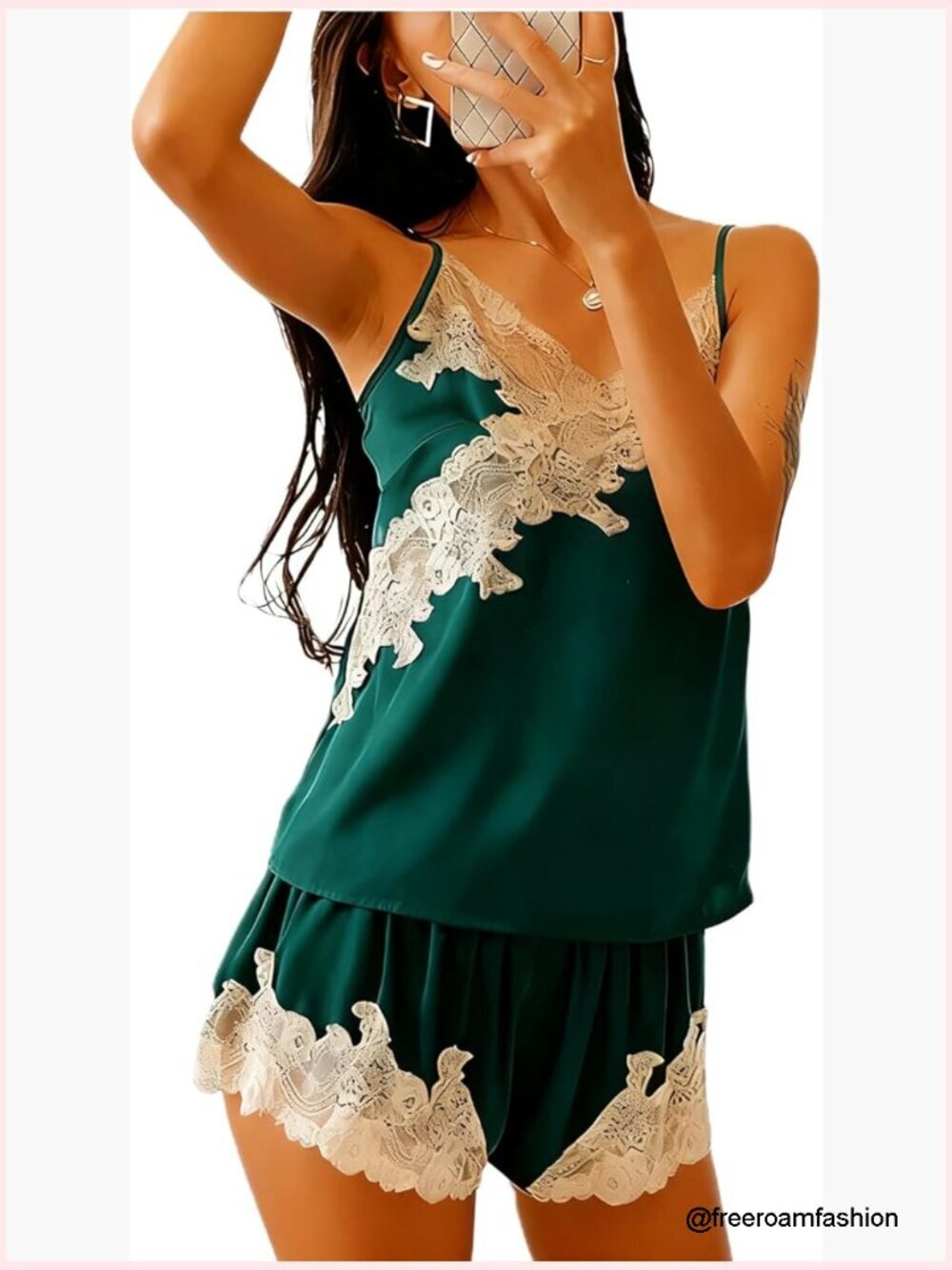 Silk Satin Pajama Set with Lace Trim Camisole and Shorts Sleepwear